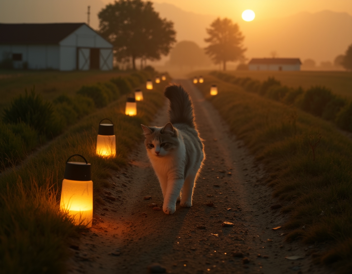 Cat enjoys a quiet walk along a farm path, illuminated by the soft glow of evening lanterns.